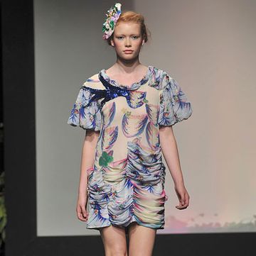 Clothing, Shoulder, Dress, Joint, Fashion show, Style, One-piece garment, Fashion model, Runway, Pattern, 