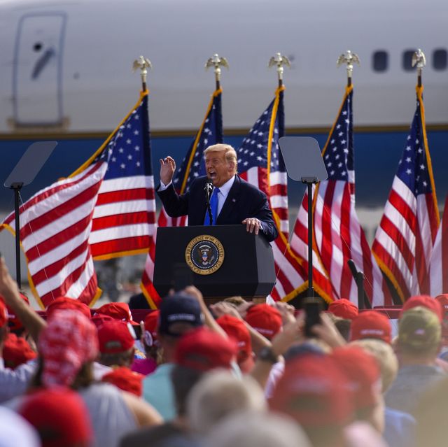 greenville, nc   october 15 president donald trump makes remarks during a make america great again rally at the pitt greenville airport on october 15, 2020 in greenville, north carolina thousands of people joined to listen to the president 19 days before the 2020 presidential election photo by melissa sue gerritsgetty images