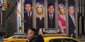 new york, ny march 13 traffic on sixth avenue passes by advertisements featuring fox news personalities, including bret baier, martha maccallum, tucker carlson, laura ingraham, and sean hannity, adorn the front of the news corporation building, march 13, 2019 in new york city on wednesday the network's sales executives are hosting an event for advertisers to promote fox news fox news personalities tucker carlson and jeanine pirro have come under criticism in recent weeks for controversial comments and multiple advertisers have pulled away from their shows photo by drew angerergetty images