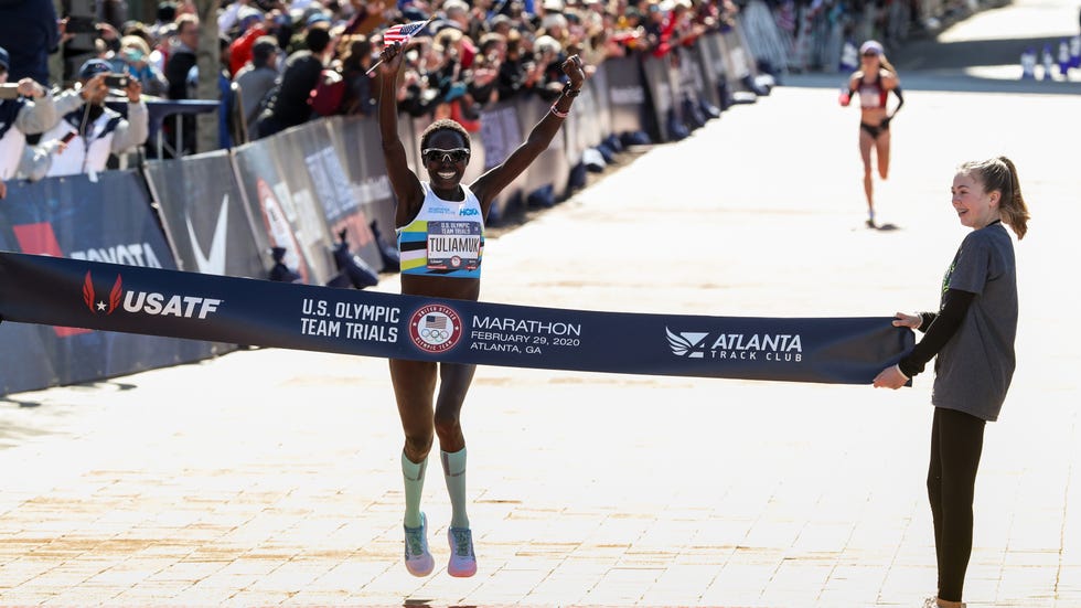 Aliphine Tuliamuk crossing the finish line at the Olympic Marathon Trials in Atlanta 2020.