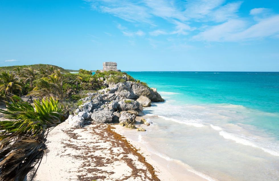 Tulum. Mexico. Sea View from the Mayan City Archaeological Site with the Wind Temple in the Background