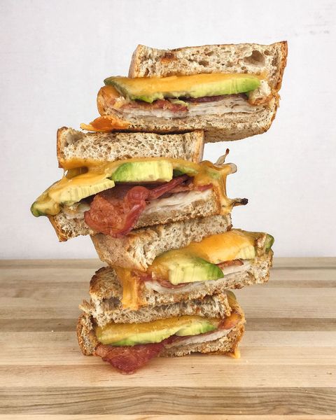 turkey, avocado, bacon grilled cheese stack