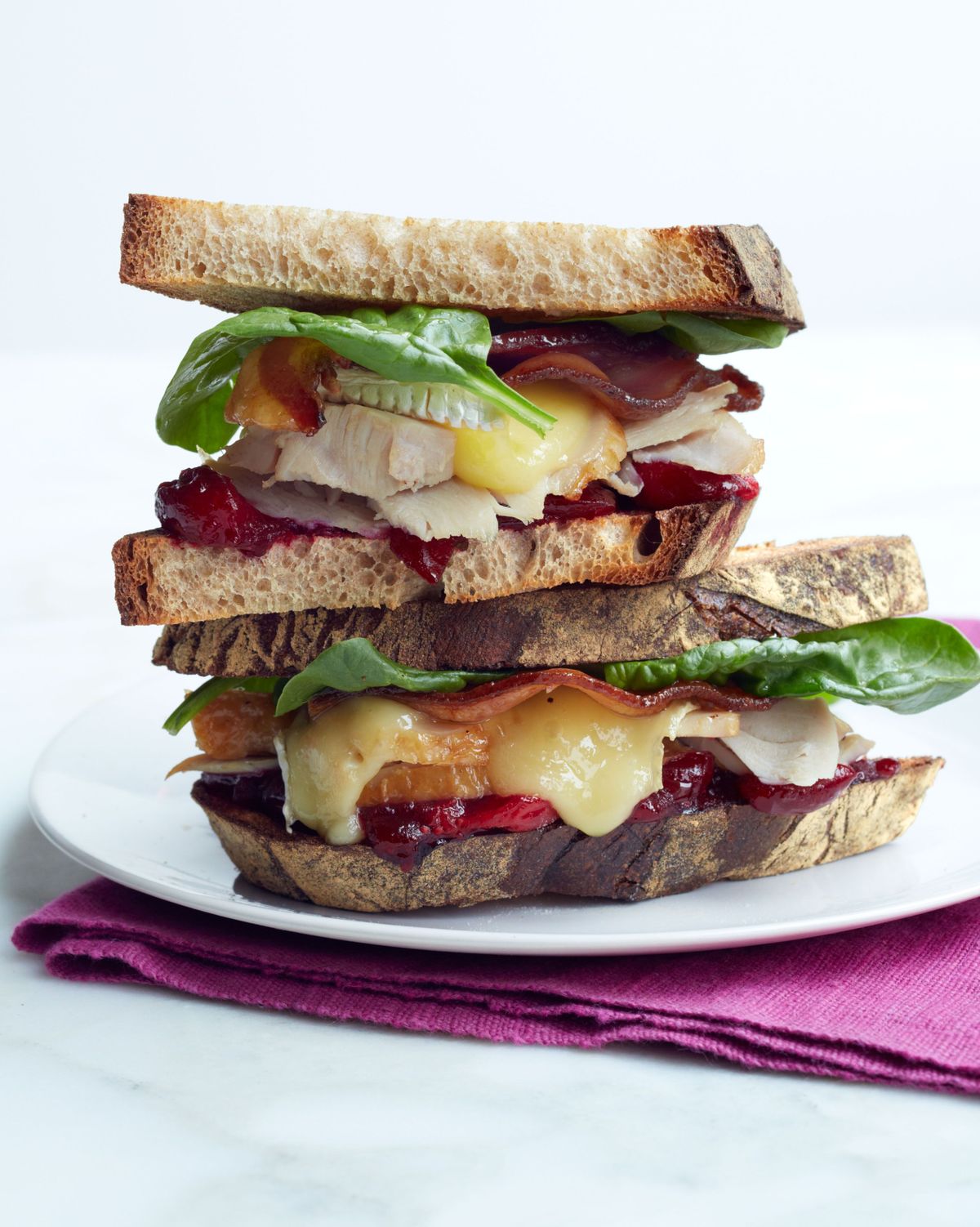 turkey, brie, bacon, and cranberry sandwich on a plate