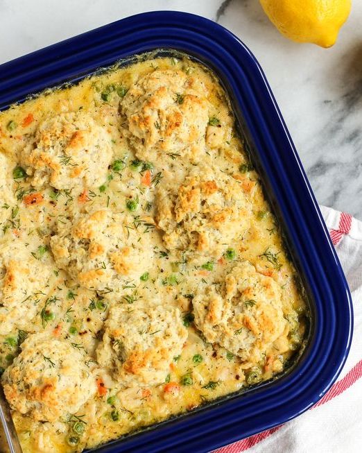 turkey and biscuits casserole in navy blue dish