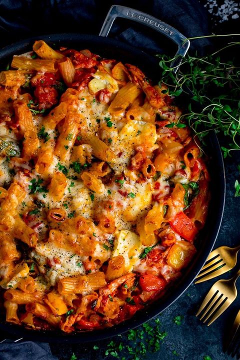 turkey pasta bake with gold forks