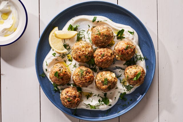 turkey feta meatballs  over a lemon yogurt sauce