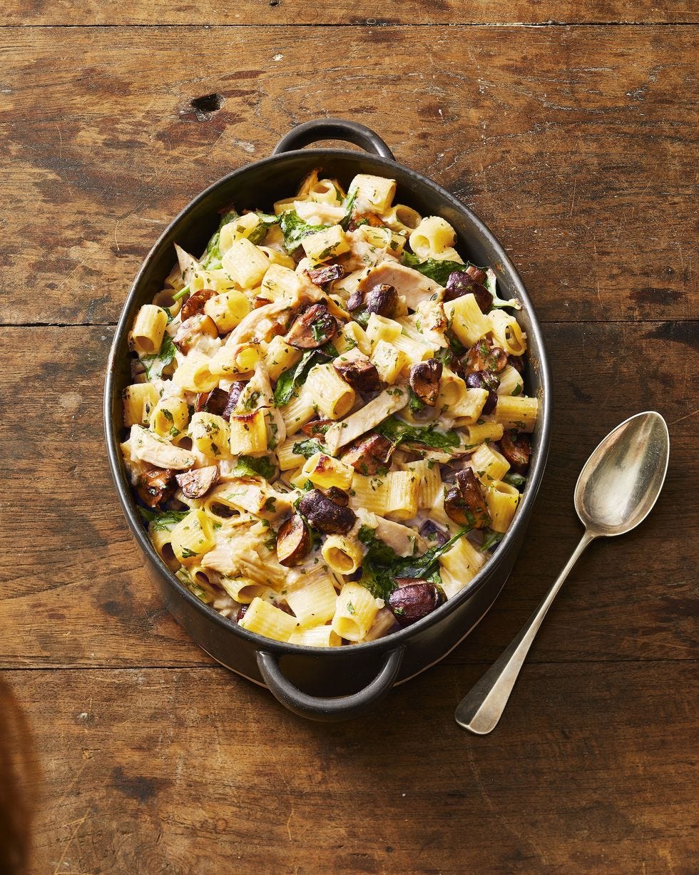 creamy turkey pasta casserole in a baking dish