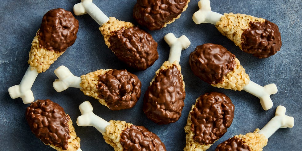 rise krispies shaped like turkey legs covered in chocolate with a white chocolate bone