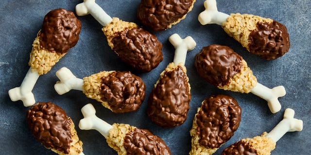 rise krispies shaped like turkey legs covered in chocolate with a white chocolate bone