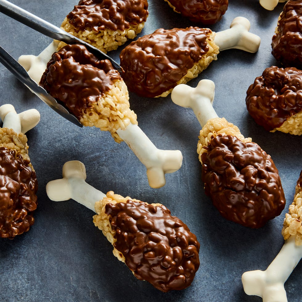 rise krispies shaped like turkey legs covered in chocolate with a white chocolate bone
