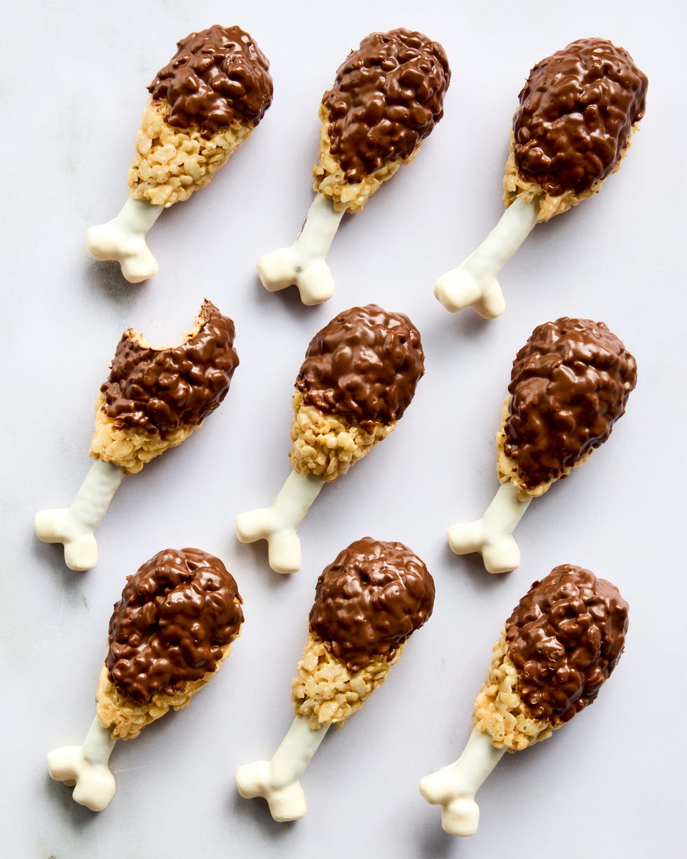 rise krispies shaped like turkey legs covered in chocolate with a white chocolate bone