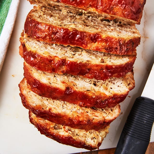 sliced turkey meatloaf with a brown sugar ketchup glaze on top