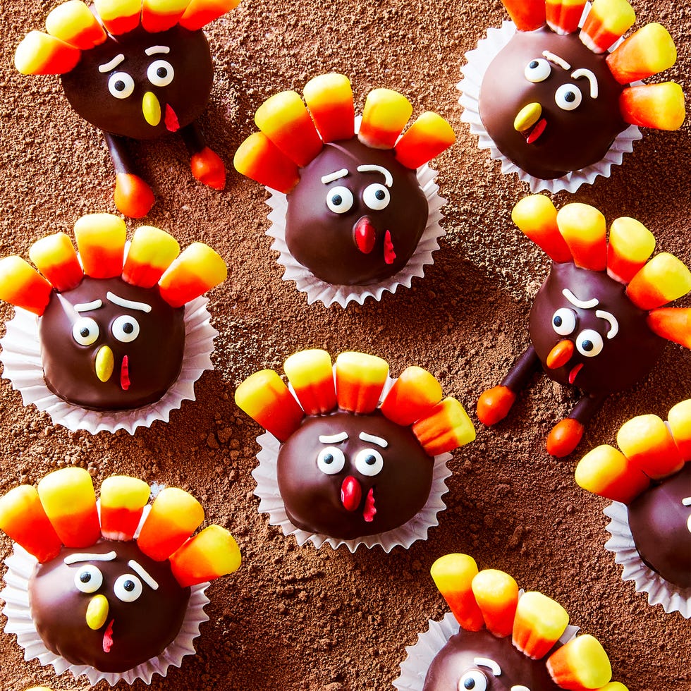 oreo balls decorated with candy to look like mini turkeys
