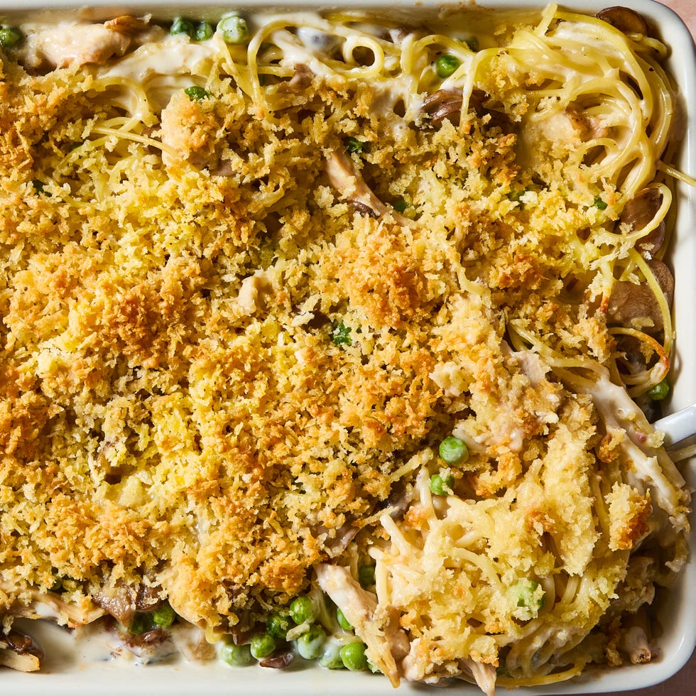 turkey tetrazzini in a casserole dish