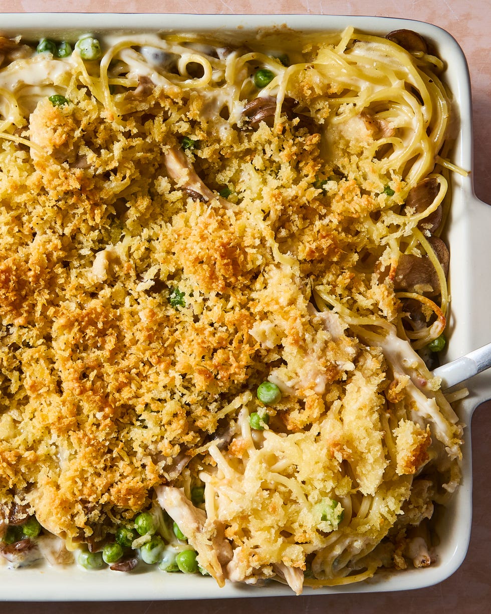 turkey tetrazzini in a casserole dish