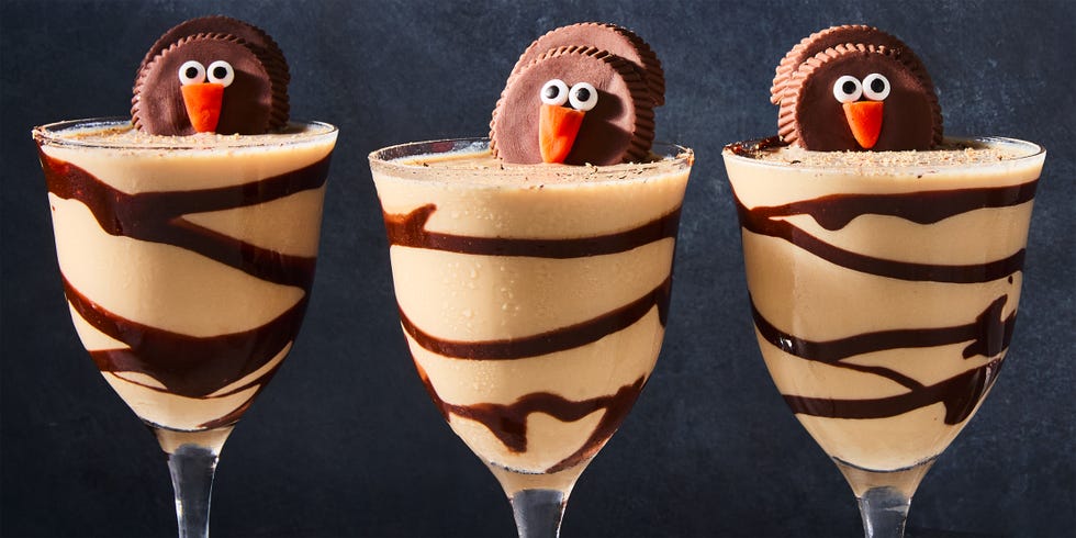 creamy cocktail topped with a turkey shaped like a reese's cup