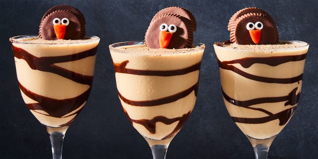 creamy cocktail topped with a turkey shaped like a reese's cup