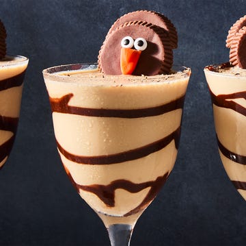 Turkeytini creamy cocktail topped with a turkey shaped like a reese's cup