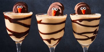 creamy cocktail topped with a turkey shaped like a reese's cup
