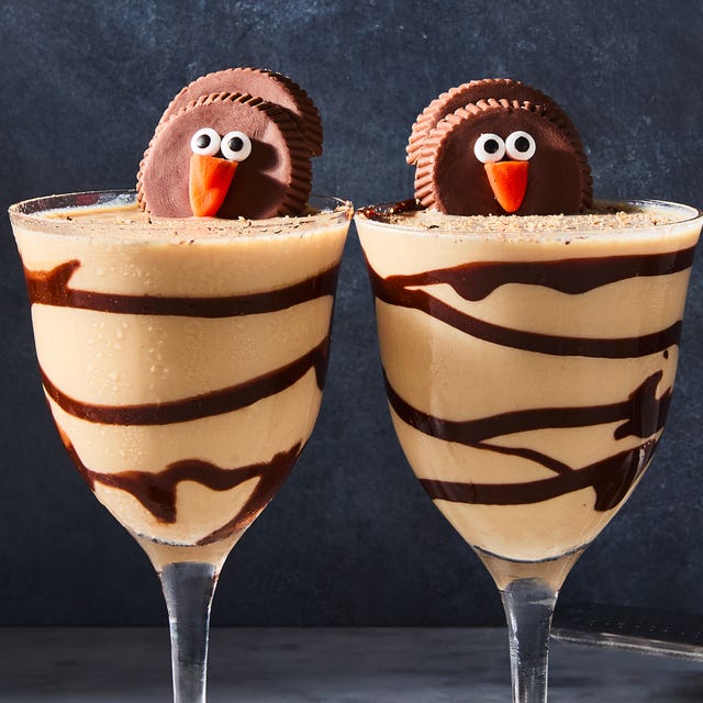 Turkeytini creamy cocktail topped with a turkey shaped like a reese's cup