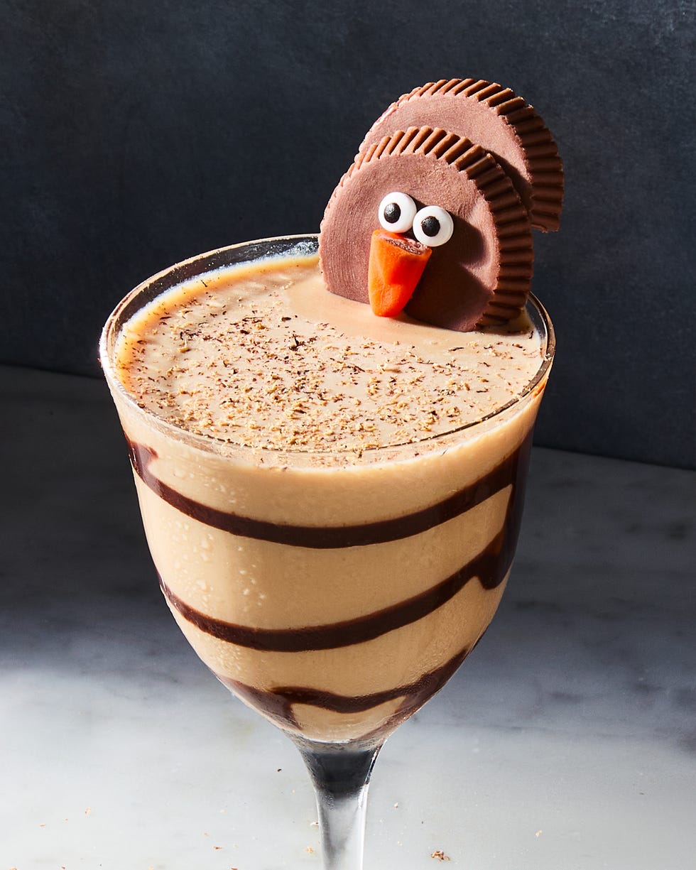 creamy cocktail topped with a turkey shaped like a reese's cup