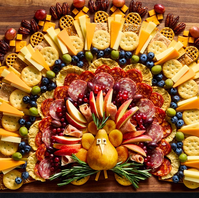 Turkuterie charcuterie board shaped like a turkey