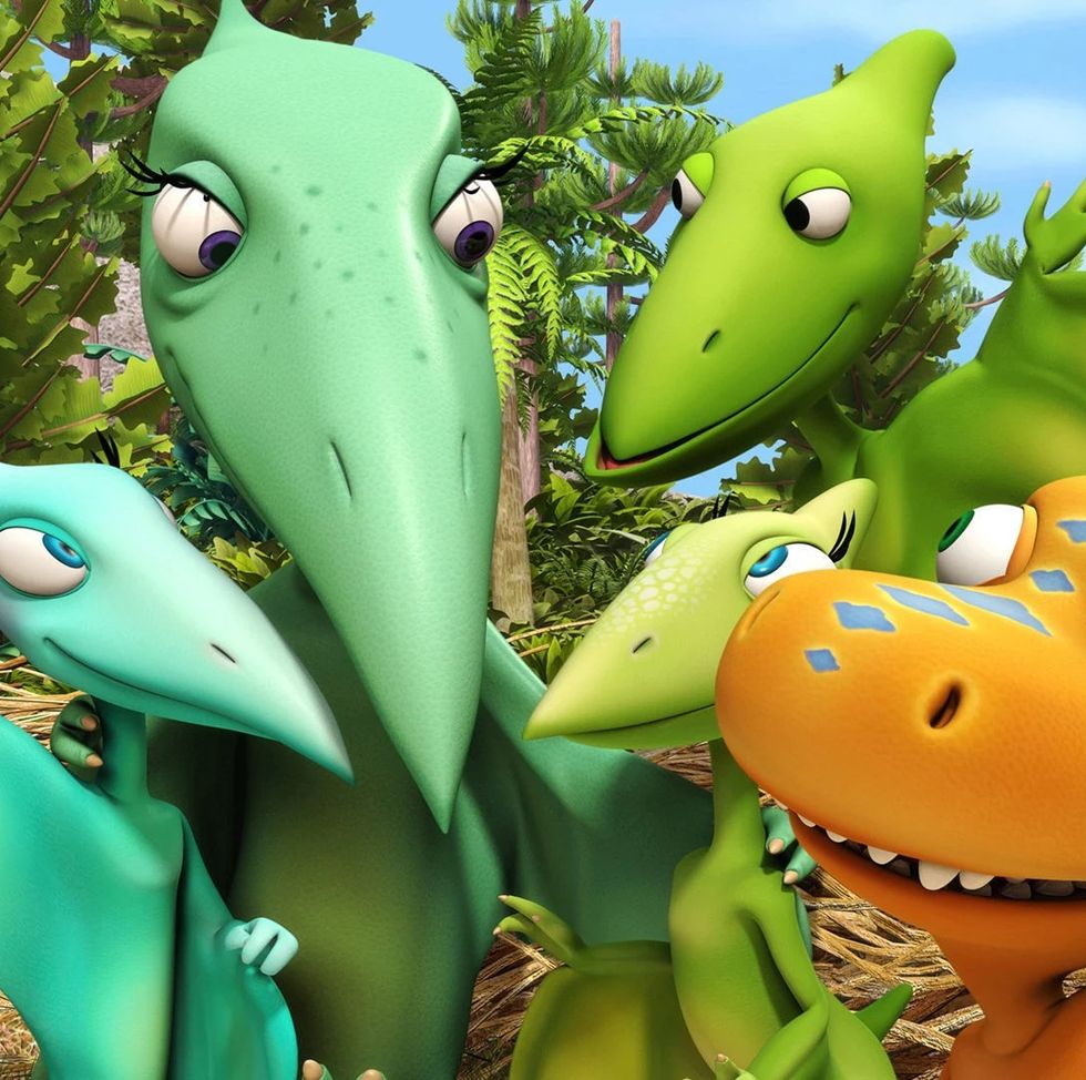 a group of dinosaurs huddle up in a scene from dinosaur train, , a good housekeeping pick for best toddler shows