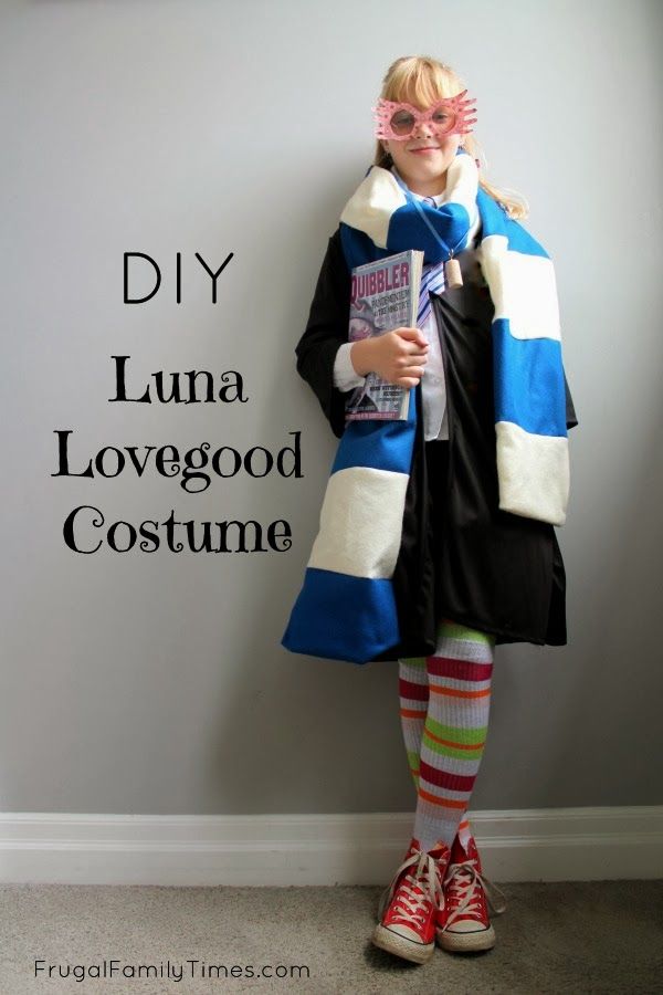 diy luna lovegood tween halloween costume with funky glasses, blue and white scarf, striped leggings, red canvas sneaks