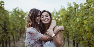 Twin sisters embracing at summer picnic in a vineyard
