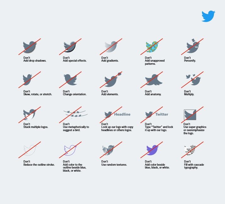 a diagram showing dozens of rules for how to use or not use the twitter bird logo