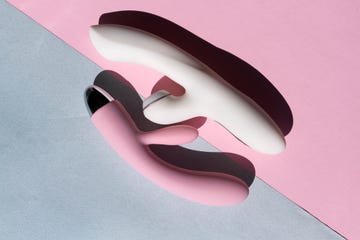 two adult sex toys in white and pink lie on two different backgrounds