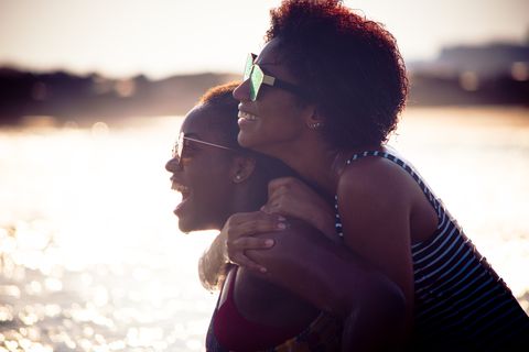 Two black women at the beach together.