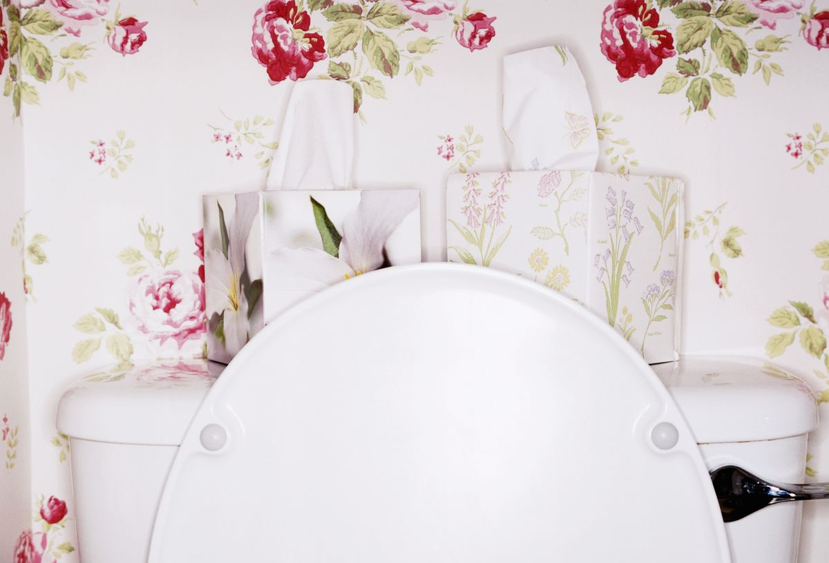 Two flower patterned tissue boxes on toilet with lid open