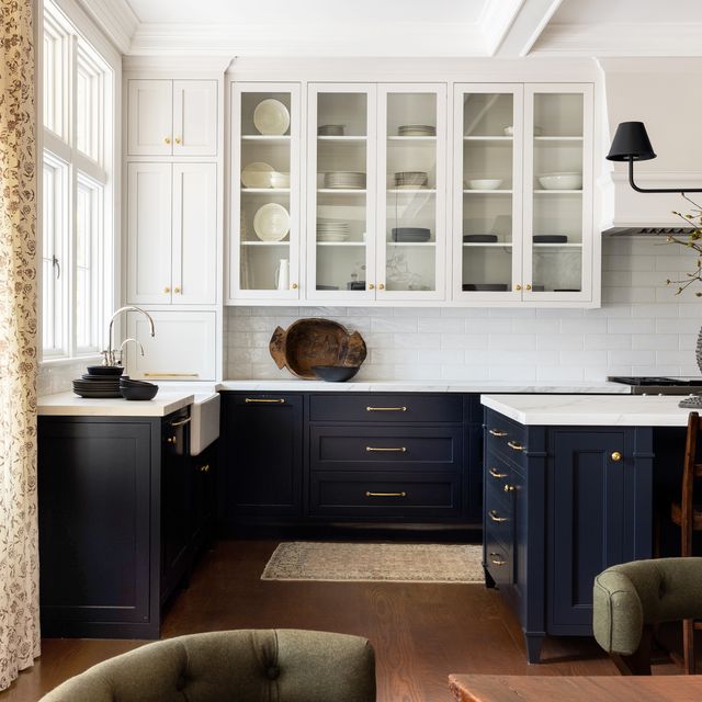 Modern Kitchen with Glass Door Cabinets and Dark Beige Backsplash