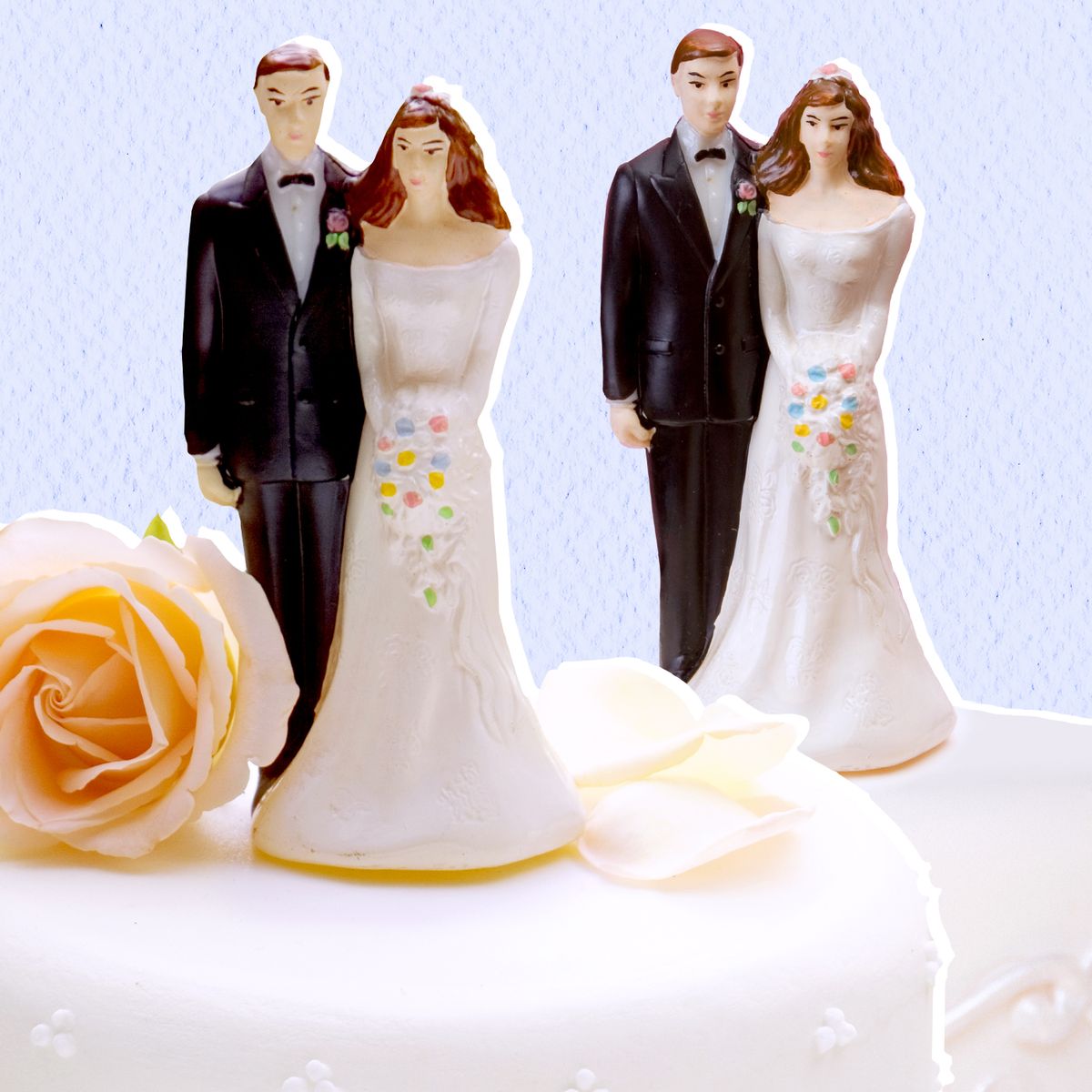 Figurine, Bride, Wedding ceremony supply, Wedding cake, Cake decorating, Formal wear, Dress, Gown, Yellow, Wedding, 