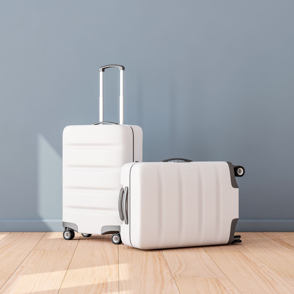 Two White Luggage mockup in empty room, Suitcase, baggage