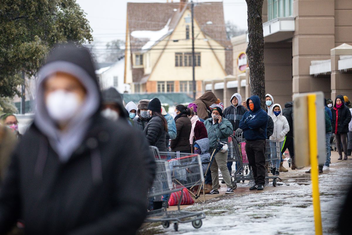 austin, tx   february 17, 2021 people wait in long lines at an h e b grocery store in austin, texas on february 17, 2021 millions of texans are still without water and electric as winter storms continue photo by montinique monroegetty images