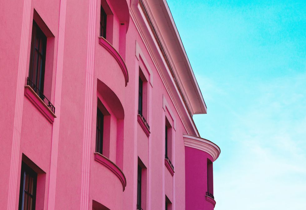 Pink, Blue, Architecture, Red, Daytime, Sky, Magenta, Facade, Building, Line, 