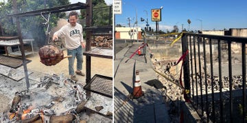 tyler wells at the ecology center tending a fire under a steamship round of beef, cooking over open coals. the scorched foundation of a property destroyed by the eaton fire near betsy restaurant in altadena.