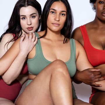 types of boobs multi ethnic women sitting together on studio floor group of oversize women in underwear together over white background