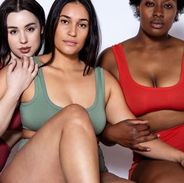 types of boobs multi ethnic women sitting together on studio floor group of oversize women in underwear together over white background