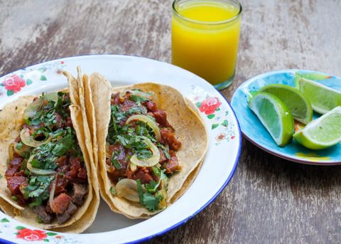 campechanos tacos on white floral plate