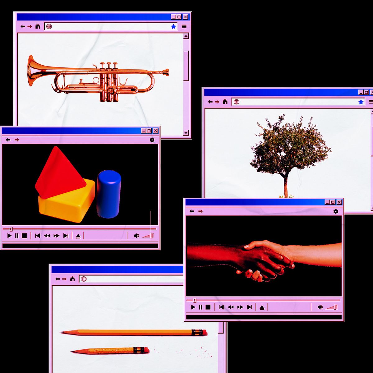 saxophone tree holding hands pencils shapes