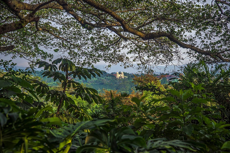 Uitzicht vanaf de Costa Ricaanse koffieplantage Finca Rosa Blanca waar biologische koffie wordt verbouwd op de kerk van een naburig stadje