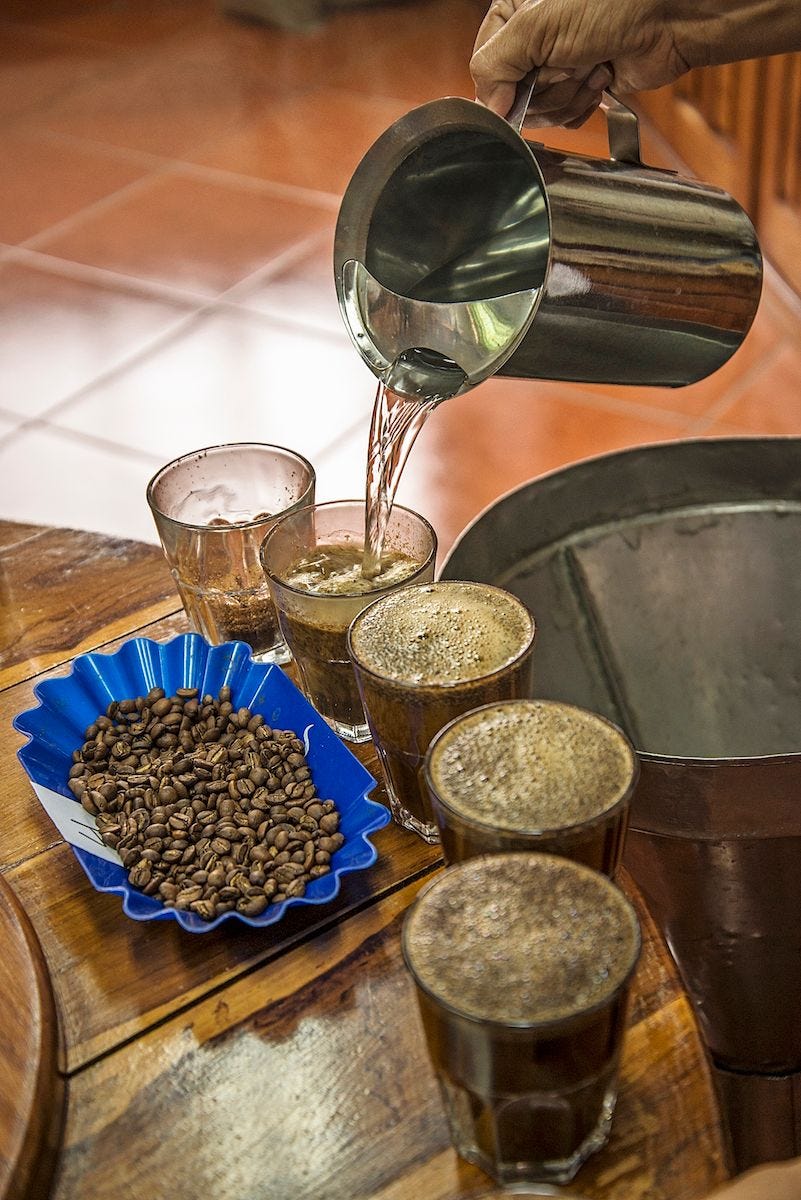 Glazen worden volgeschonken voor een koffieproeverij populair onder toeristen op het landgoed van Finca Rosa Blanca in Costa Rica