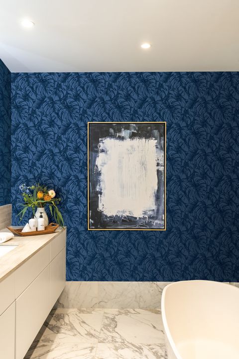 Bathroom, Blue, Property, Room, Tile, Wall, Interior design, Floor, Wallpaper, House, 