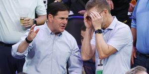 phoenix, arizona   july 08 arizona gov doug ducey l attends game two of the nba finals between the milwaukee bucks vs phoenix suns at phoenix suns arena on july 08, 2021 in phoenix, arizona note to user user expressly acknowledges and agrees that, by downloading and or using this photograph, user is consenting to the terms and conditions of the getty images license agreement photo by christian petersengetty images