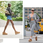 a collage of bella hadid, emily ratajkowski, adut akech, and elsa hosk walking in nyc in ugg ultra minis