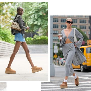 a collage of bella hadid, emily ratajkowski, adut akech, and elsa hosk walking in nyc in ugg ultra minis