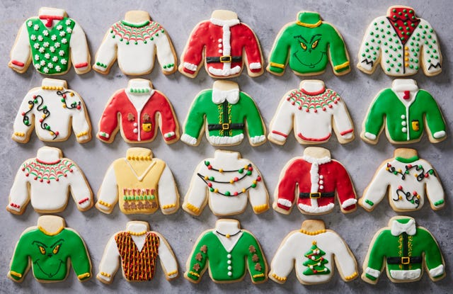 sugar cookies decorated with icing to look like ugly christmas sweaters